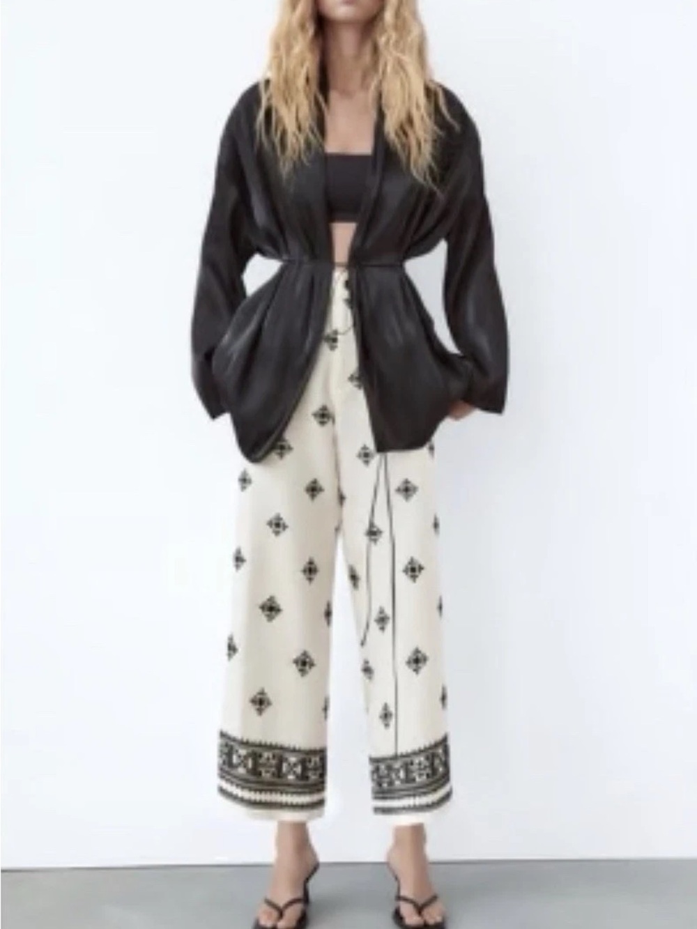ZARA LINEN BLEND EMBROIDERED PANTS Ivory/ Black Size Large